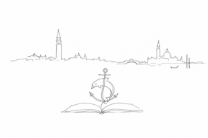 Libro aldino stilizzato con profilo minimo di Venezia