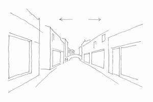 Disegno minimale di una calle delle Mercerie tra Rialto e San Marco