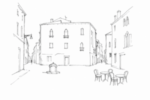 Disegno minimale di Campo San Luca con calli e tavolini