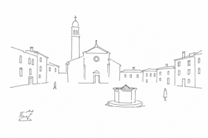 Disegno minimale di Campo San Polo con chiesa, vera da pozzo e spazio aperto.