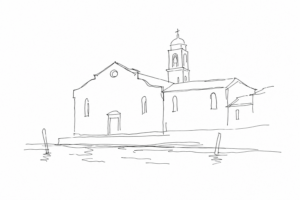 Profilo minimale di San Nicolò dei Mendicoli e di un rio veneziano.