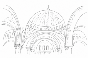 Interno stilizzato di San Marco con cupola e mosaici