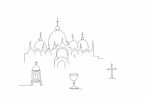 Disegno minimale del Tesoro di San Marco con reliquiario e coppa