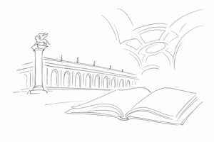 Disegno minimale della Biblioteca Marciana con libro aperto