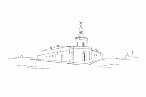 Disegno minimale di Punta della Dogana tra Canal Grande e Giudecca