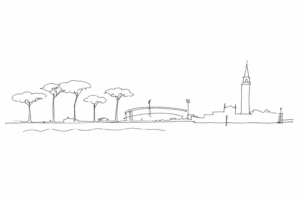 Disegno minimale di Sant’Elena con pineta, stadio e laguna
