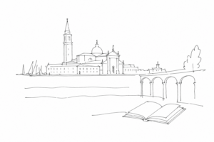 Disegno minimale della Fondazione Giorgio Cini a San Giorgio Maggiore.
