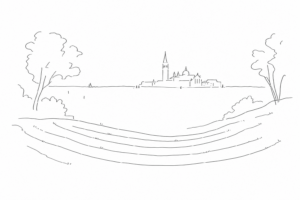 Disegno minimale del Teatro Verde di San Giorgio verso la laguna