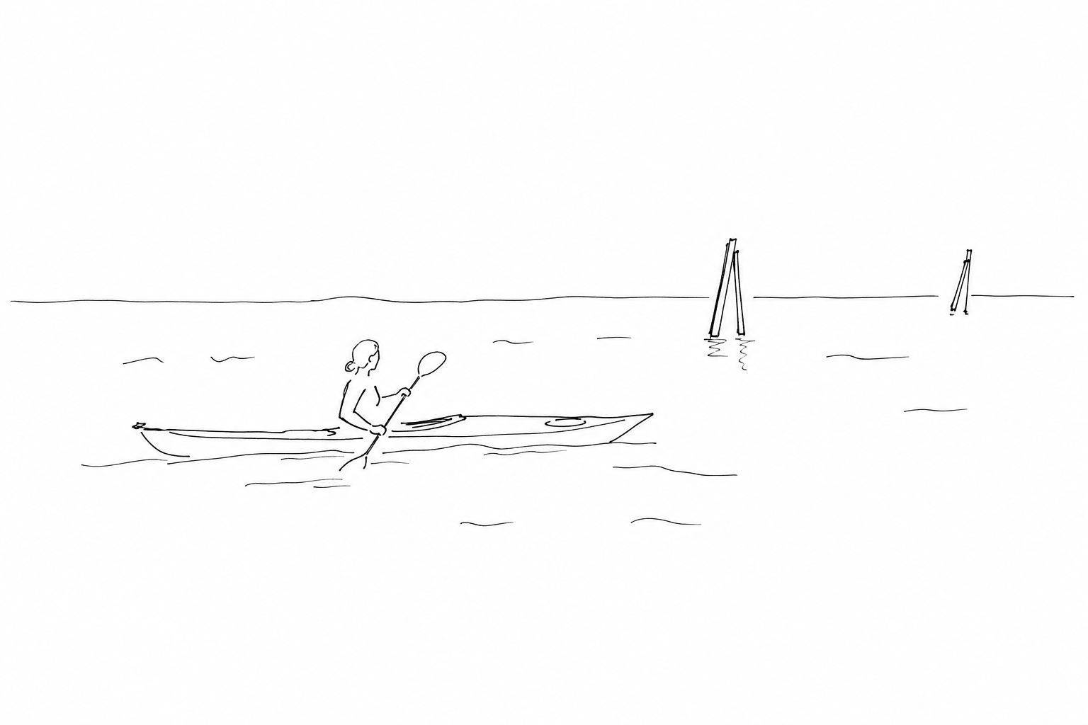 Kayak in laguna con bricole disegnato a linee nere