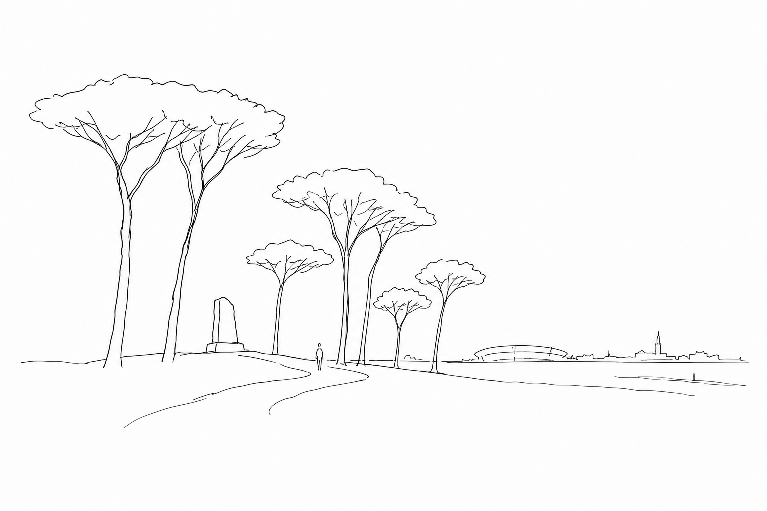 Illustration zu Sant’Elena: der Pinienwald, das Stadion und das Venedig, das fast bis an den Rand der Stadt reicht