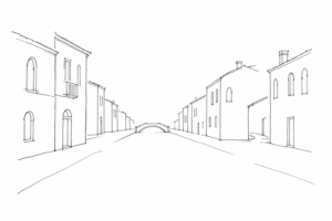 Disegno minimale della Strada Nova con calli laterali e un piccolo ponte