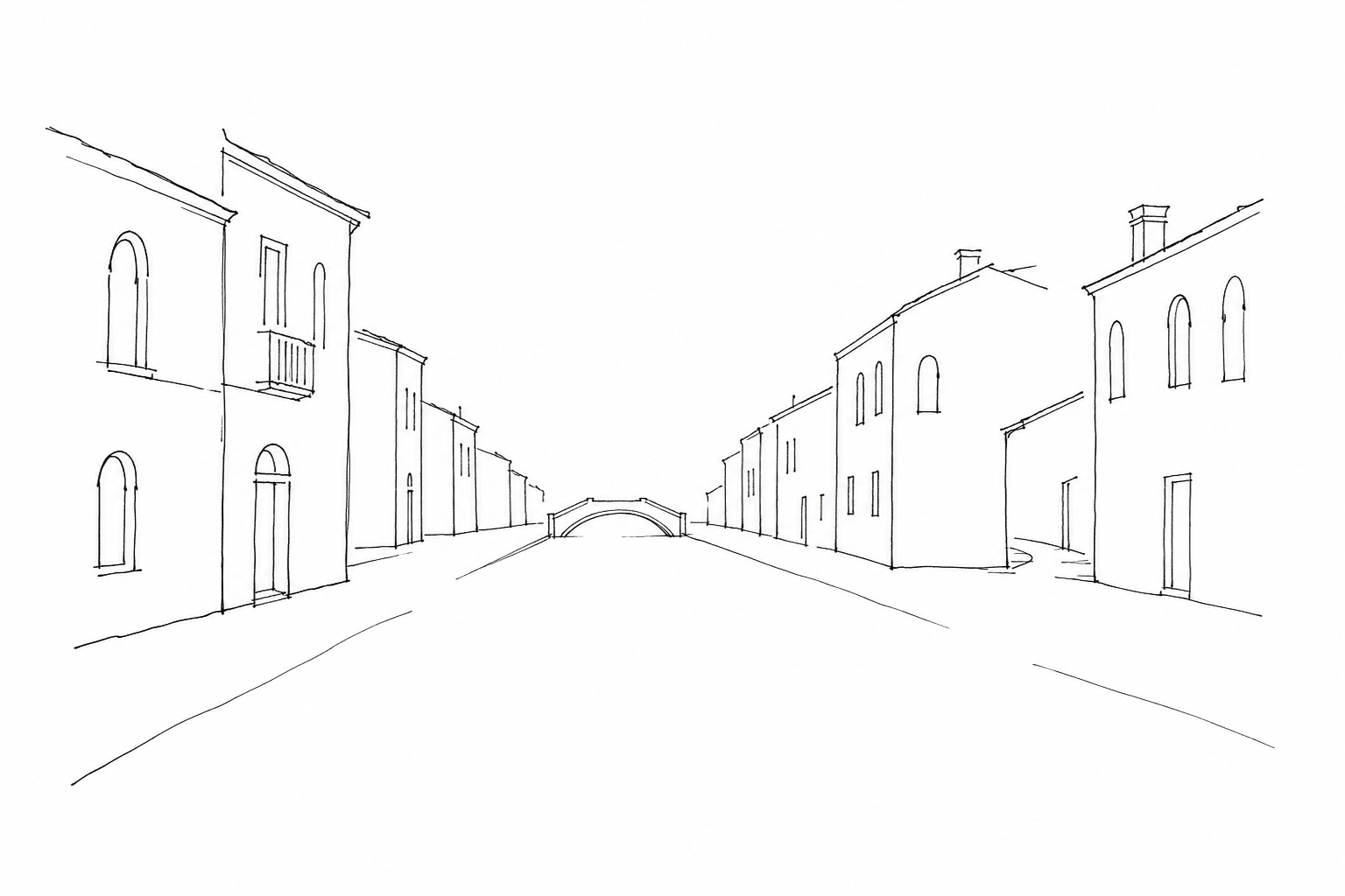 Disegno minimale della Strada Nova con calli laterali e un piccolo ponte