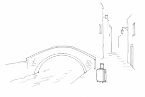 Valigia vicino a un ponte veneziano in disegno minimale