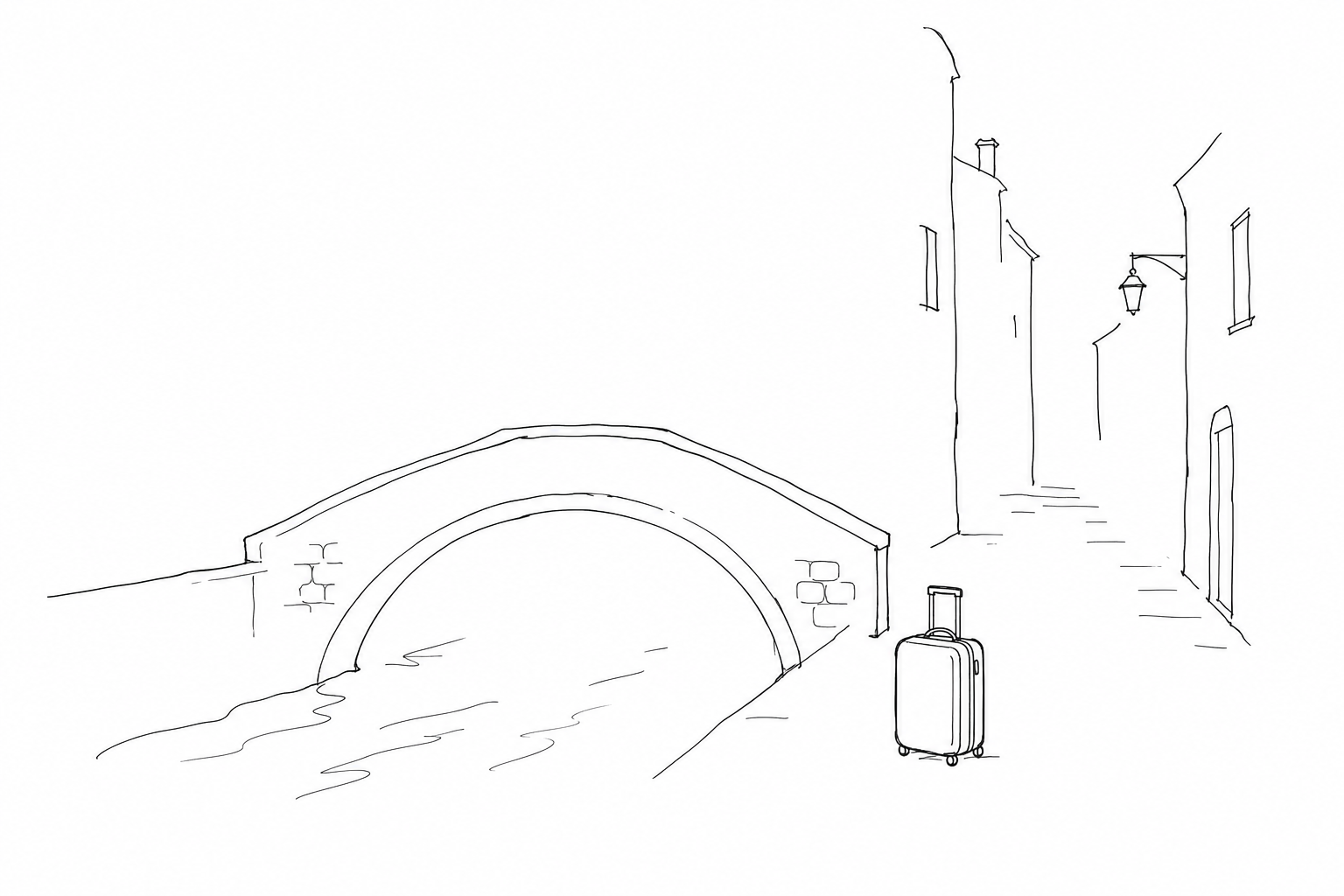 Valigia vicino a un ponte veneziano in disegno minimale