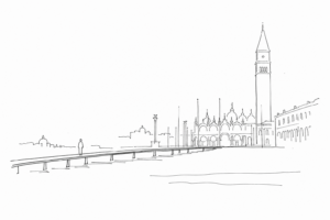 Passerella stilizzata durante la marea a Venezia