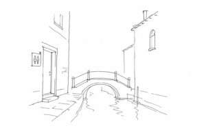 Calle veneziana minimale con indicazione stilizzata di bagno pubblico
