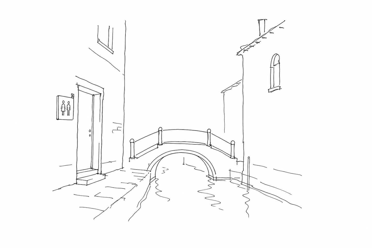 Calle veneziana minimale con indicazione stilizzata di bagno pubblico