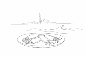 Disegno minimale di seppie al nero con profilo della laguna veneziana