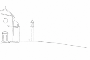 Disegno minimale del Campo San Polo con la chiesa sul margine.
