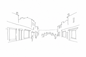 Disegno minimale di Lista di Spagna come corridoio urbano veneziano.