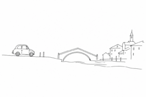Disegno minimale di Piazzale Roma come soglia tra auto e Venezia