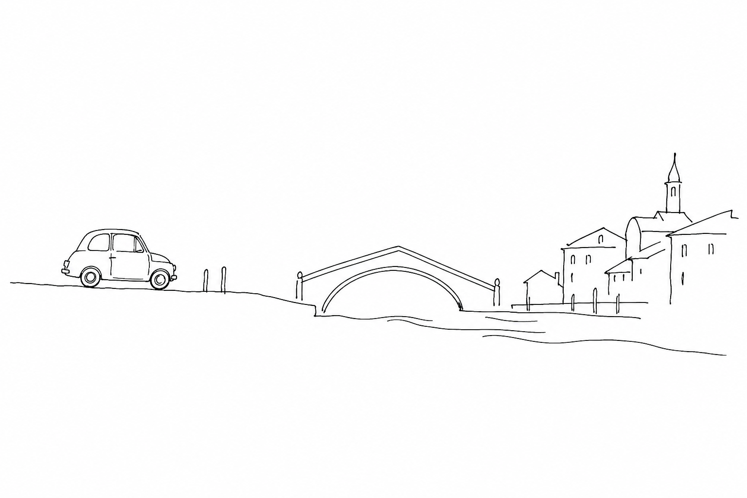 Disegno minimale di Piazzale Roma come soglia tra auto e Venezia
