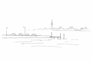 Disegno minimale di Tronchetto tra auto, acqua e profilo di Venezia