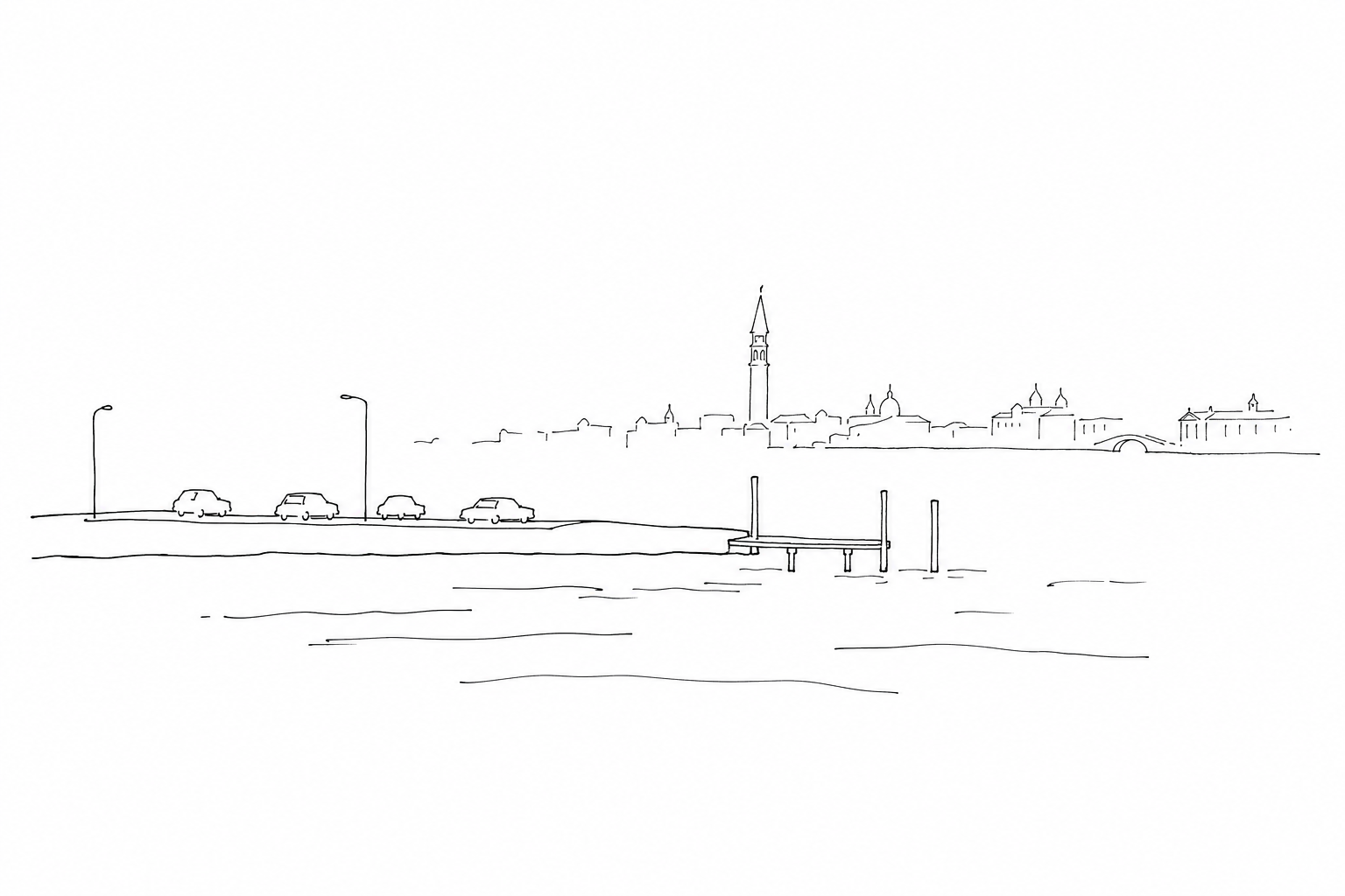 Disegno minimale di Tronchetto tra auto, acqua e profilo di Venezia