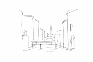 Disegno minimale di una calle veneziana con acqua alta e passerella.