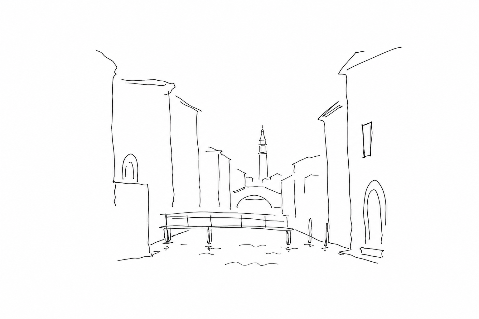 Disegno minimale di una calle veneziana con acqua alta e passerella.