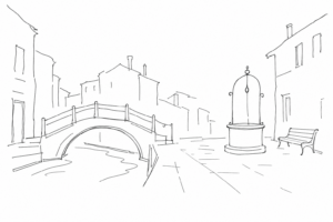 Disegno minimale di un campo veneziano con ponte libero e panchina