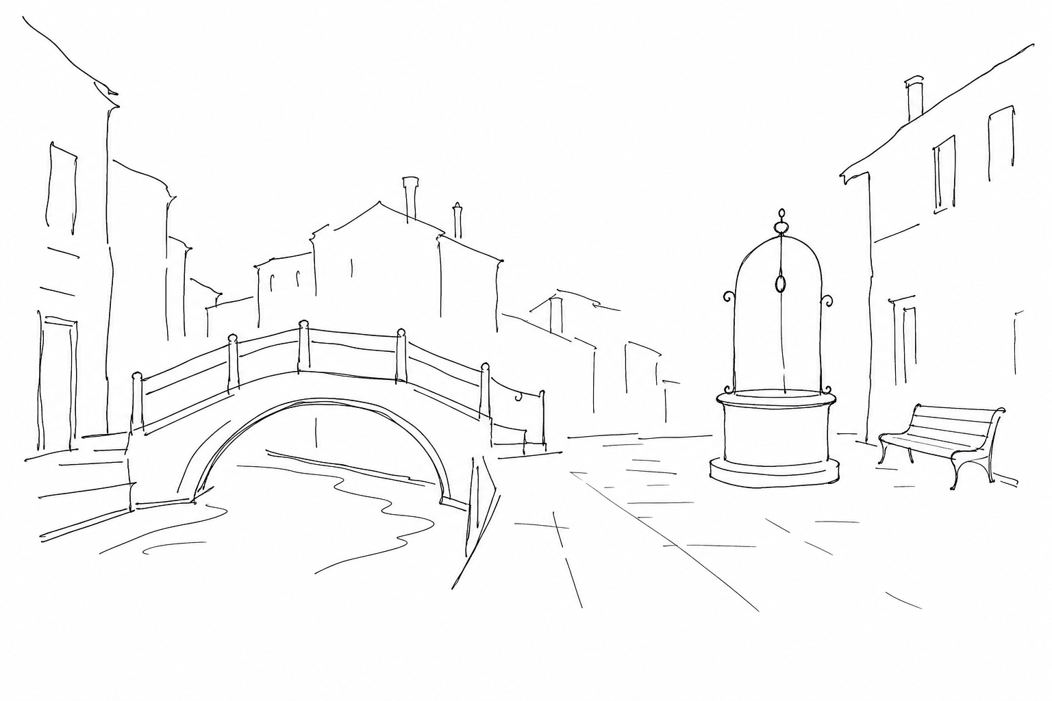 Disegno minimale di un campo veneziano con ponte libero e panchina