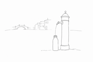 Fontana pubblica veneziana con borraccia in un campo stilizzato.