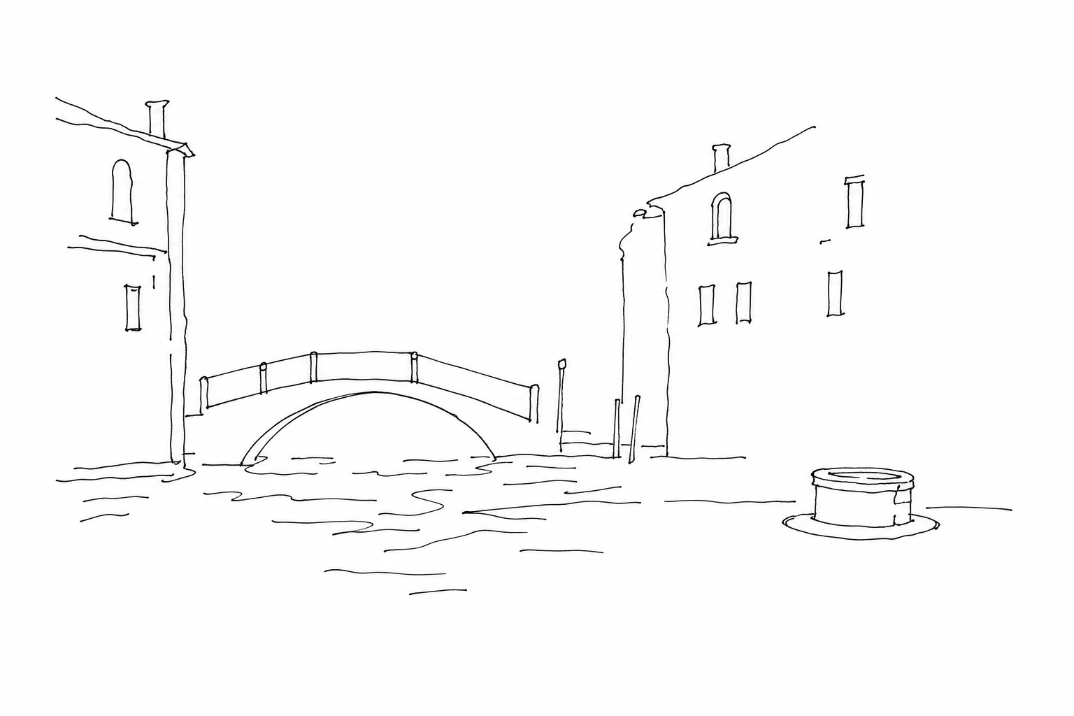Disegno minimale di un ponte, un campo e acqua a Venezia.