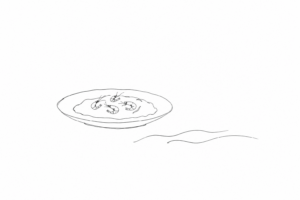 Disegno minimale di polenta e schie con richiamo alla laguna.