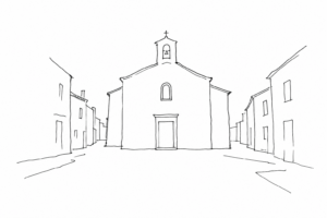Disegno minimale della chiesa di San Lio tra calli veneziane