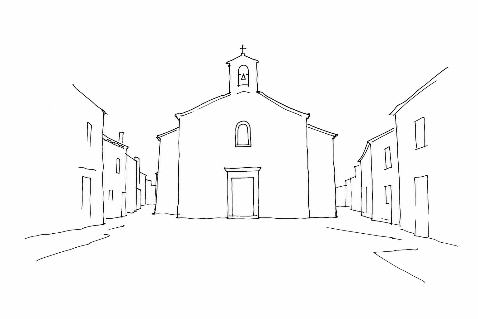 Disegno minimale della chiesa di San Lio tra calli veneziane