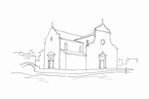 Disegno minimale della chiesa di San Trovaso con due facciate