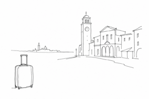 Valigia e profilo minimale di Mestre centro verso Venezia