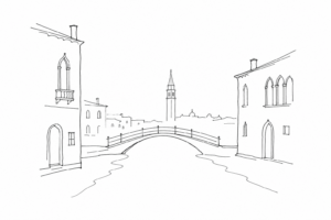 Disegno minimale di Venezia in inverno al crepuscolo con ponte e rio.