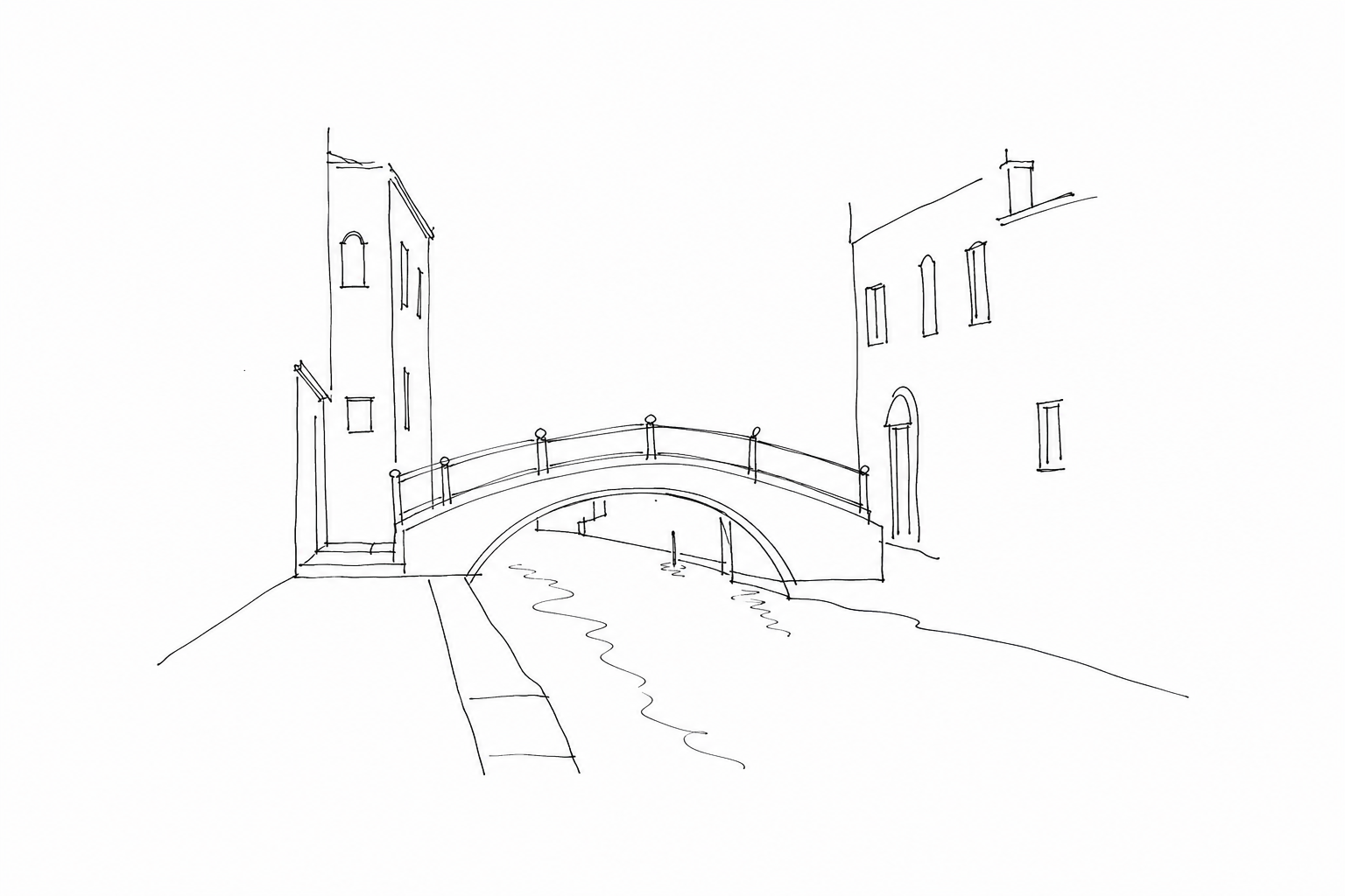 Disegno minimale di un ponte e di un rio veneziano vicino a Rio Marin.