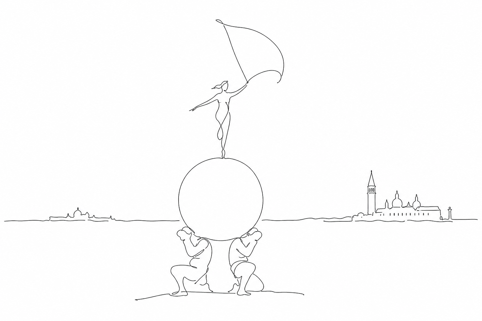 Illustration for The golden ball of the Dogana da Mar: two Atlantes, Fortune and Venice looking toward the Basin